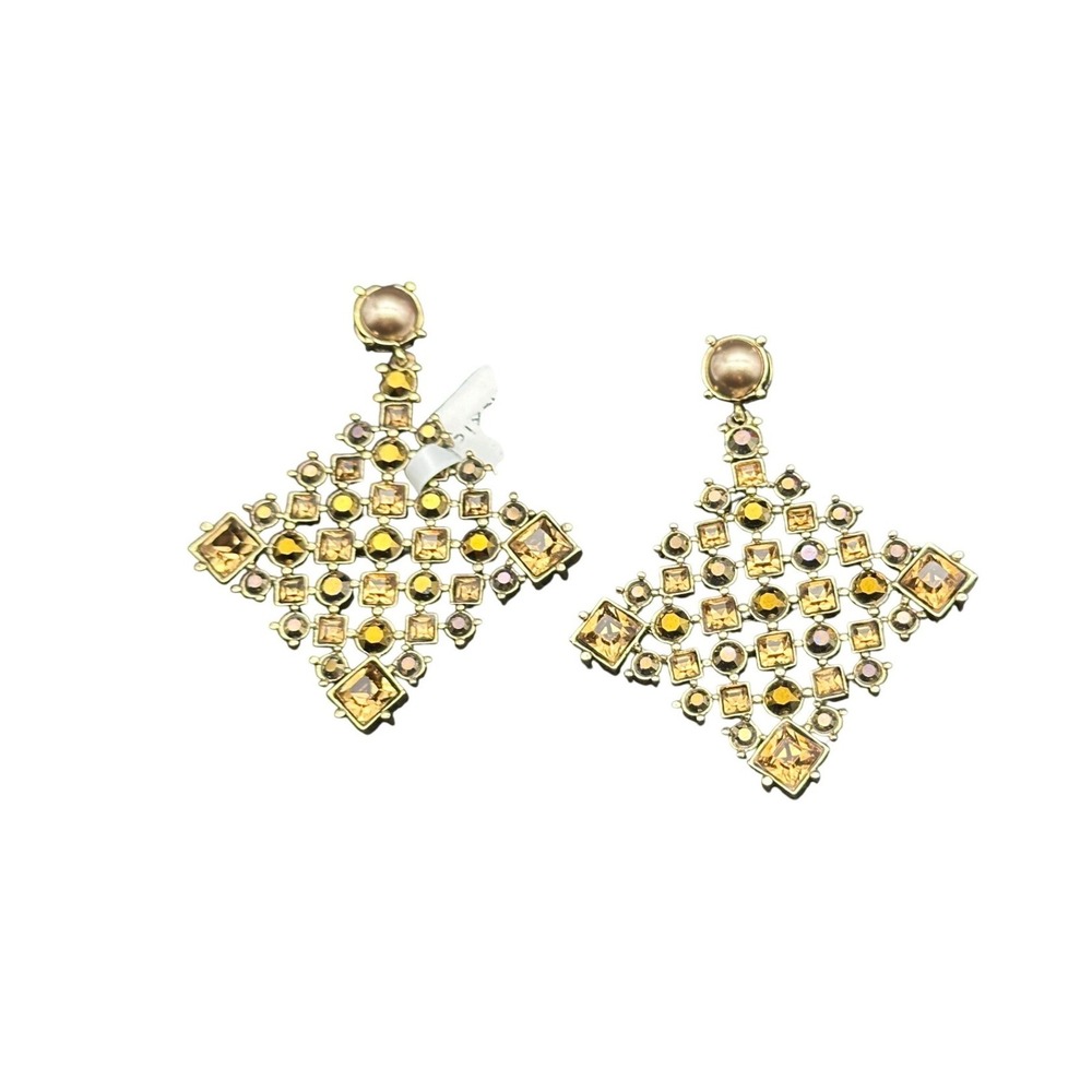 Vintage New St. John Gold Tone Amber Crystal Rhinestone Lattice Drop Earrings KC